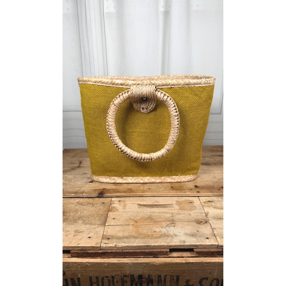 Retro Chartreuse Woven Straw & Burlap Basket Tote - Picture 3 of 15